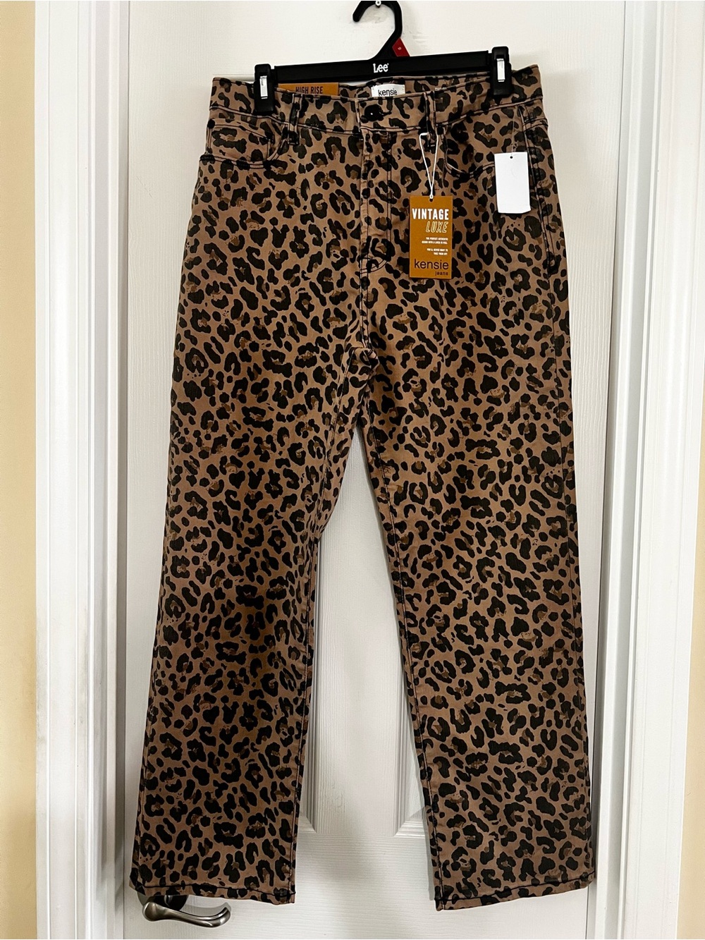 Brown and Black Leopard Print High Waisted Straight Leg Denim Jeans.